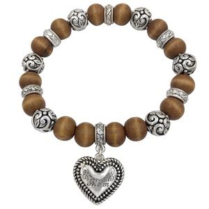 Silver Tone and Brown Wood Bead MOM Heart Charm Bracelet
